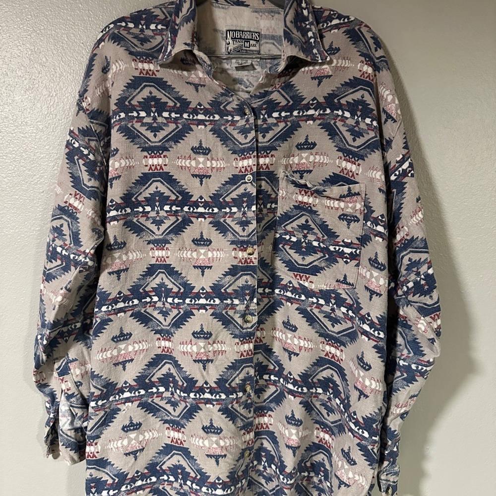 Vintage Blue and Cream Button Up Shirt with Geometric Pattern